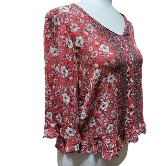 Rose & Thyme Women's Size Medium Pink Floral Peasant Top Boho Hippie 3/4 Sleeve - Picture 3 of 6